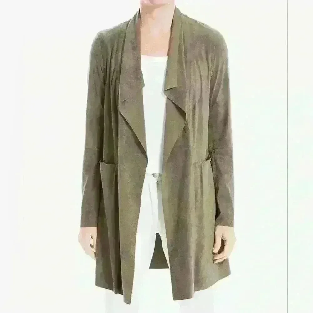 Max Studio Olive Green Faux Suede Coat Size M Faux Leather